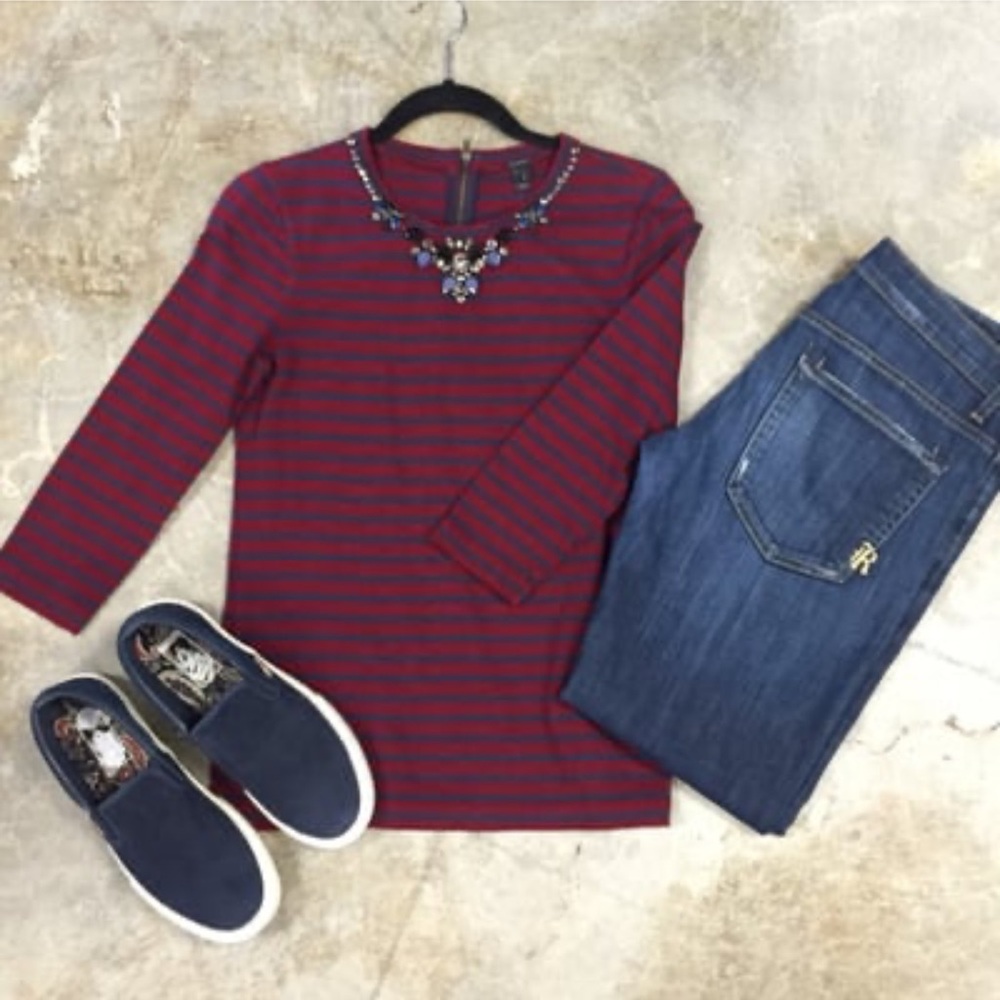 J.Crew Navy & Burgundy Striped Embellished Neckline Top